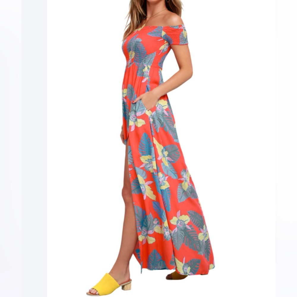 NWT Lulus Patsy Coral Red Floral Print Off-the-Shoulder Dress Size XS Coastal